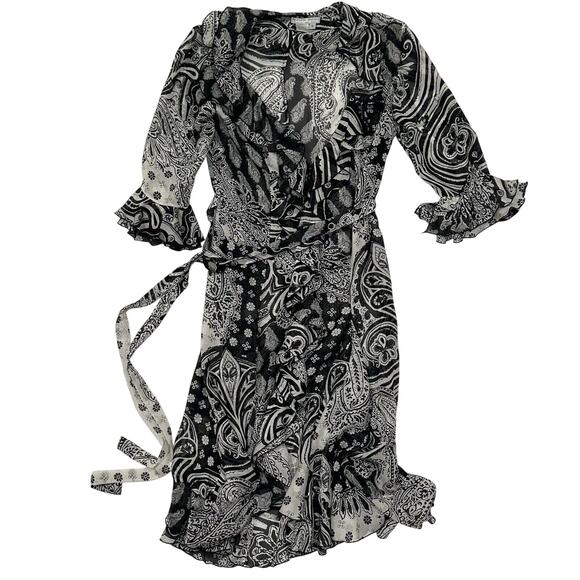 Alberto Makali 100% Silk Wrap Dress Women Size 6 Black White Paisley Ruffle Hem - Picture 1 of 6